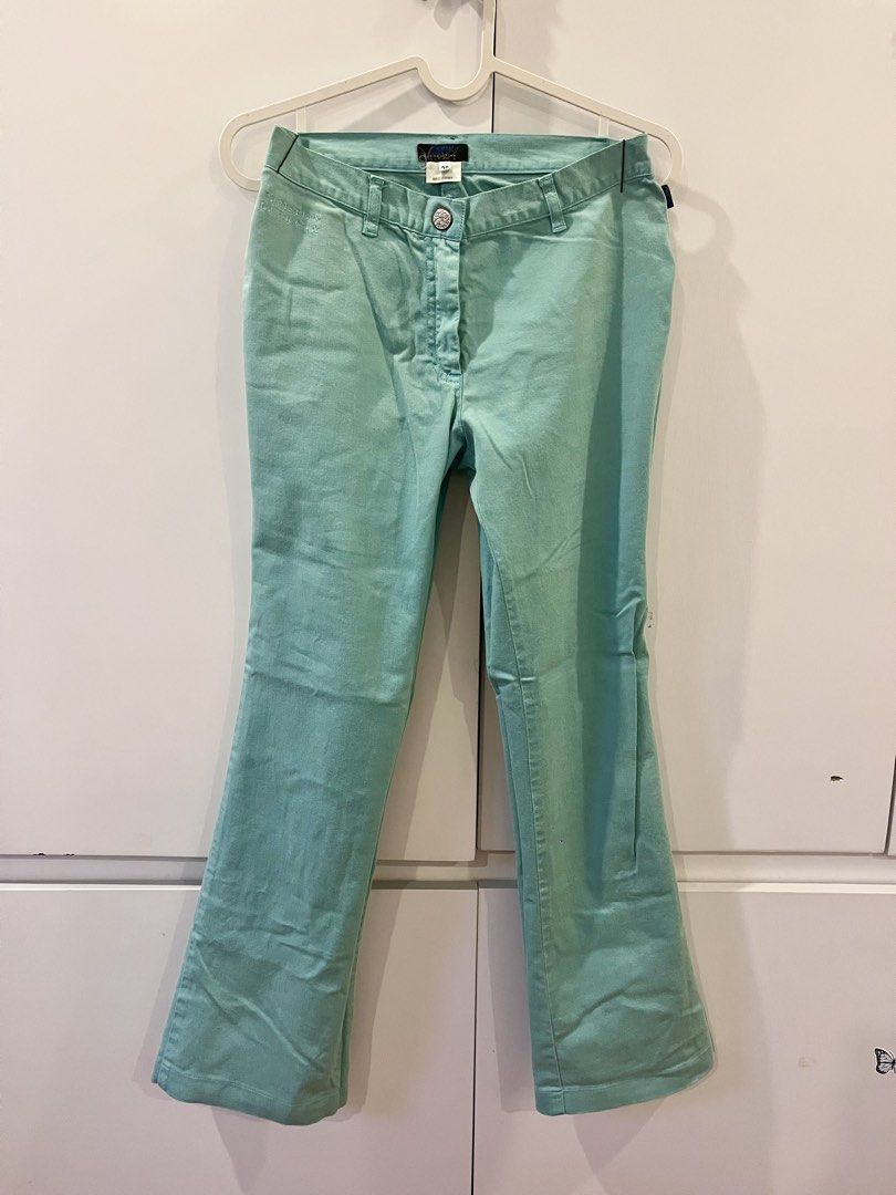 Vintage Y2k Christian Lacroix Bootcut Flared Pants (Category: Luxury Apparel) located in Quezon City. Submitted by deux.ph (Listing ID 1443555413, Image 2). Description: SIZE: 26 on tag DIMENSIONS *laid flat: • Waist : 13.50 in. • Hips : 17 in. • Rise (waist to crotch) : 9.50 in. • Inseam (crotch to hem): 27.25 in. • Length (waist to hem) : 36.25 in. • Hem (leg hole) : 9 in. COLOR: seafoam green, tiffany blue-green, turquoise, Aqua mint DETAILS: 