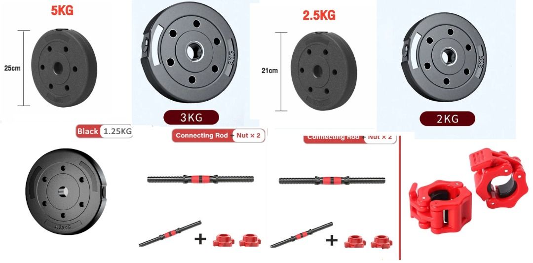Weight Plates Set (Category: Weights & Dumbbells) located in Manila. Submitted by twice_as_nice_archive (Listing ID 1443560123, Image 1). Description: 1.25 kg 4x 1.5 kg 4x 2kg 4x 2.5 kg 4x 3kg 2x 5 kg 2x 4 connecting rods 4 nuts 2 locks 1 steel pipe with foam for barbell.