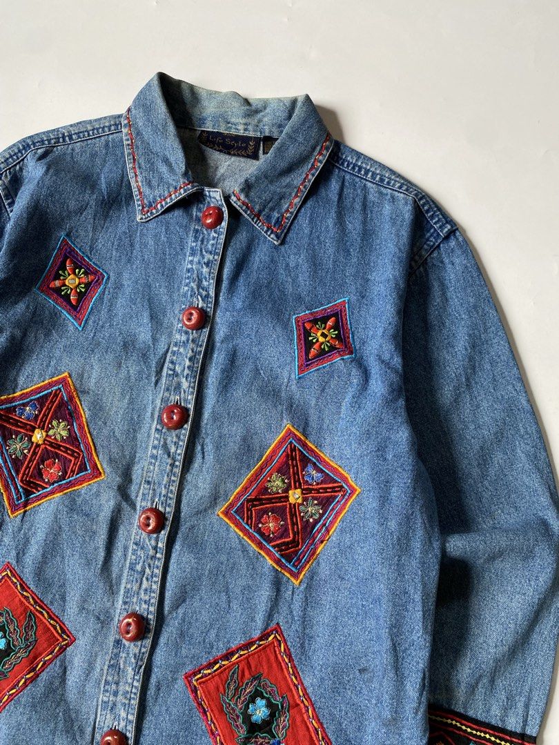 Y2K Life Style Embroidered Boho Patchwork Denim Jacket (Category: Coats, Jackets and Outerwear) located in Baguio. Submitted by the_gunstore (Listing ID 1443541244, Image 2). Description: Size tagged: S Issue: None Width:22 Length:30 Shoulder:20 Sleeve:22.