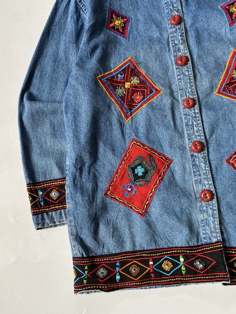 Y2K Life Style Embroidered Boho Patchwork Denim Jacket (Category: Coats, Jackets and Outerwear) located in Baguio. Submitted by the_gunstore (Listing ID 1443541244, Image 3). Description: Size tagged: S Issue: None Width:22 Length:30 Shoulder:20 Sleeve:22.
