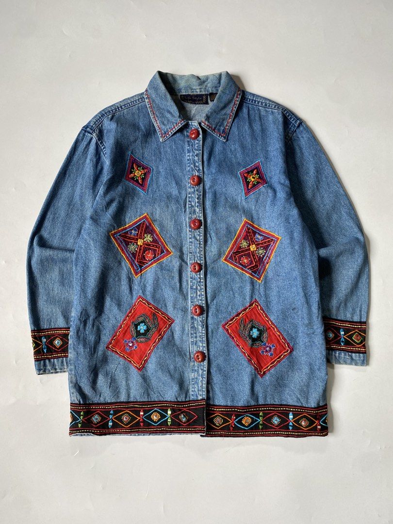 Y2K Life Style Embroidered Boho Patchwork Denim Jacket (Category: Coats, Jackets and Outerwear) located in Baguio. Submitted by the_gunstore (Listing ID 1443541244, Image 1). Description: Size tagged: S Issue: None Width:22 Length:30 Shoulder:20 Sleeve:22.