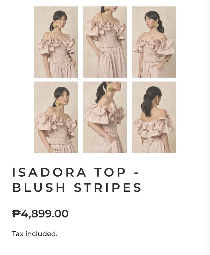 Yong Studio Isadora Top in Blush (M) (Category: Blouses) located in Manila. Submitted by everythingbrandedpreloved_ (Listing ID 1443635011, Image 2). Description: • Never worn, in excellent condition • Plain Blush, Not Blush Stripes • Size: M (fits XS to M) •Chic off-shoulder with beautiful ruffle details and a stretchable fit for comfort. Feminine and flattering silhouette that’s easy to dress up or down. If interested in renting, feel free to m