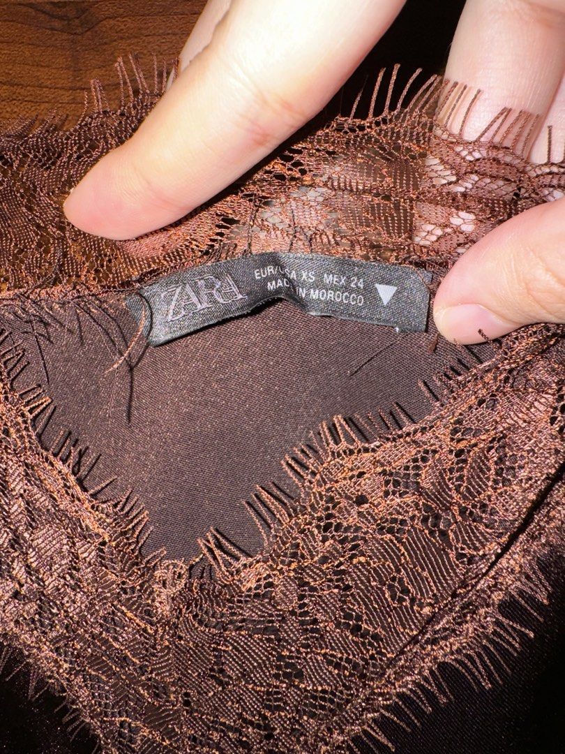 Zara Brown Lace Trim Cami Top (Category: Sleeveless) located in Cebu City. Submitted by silver.k.declutters (Listing ID 1443598580, Image 2). Description: Last price posted.