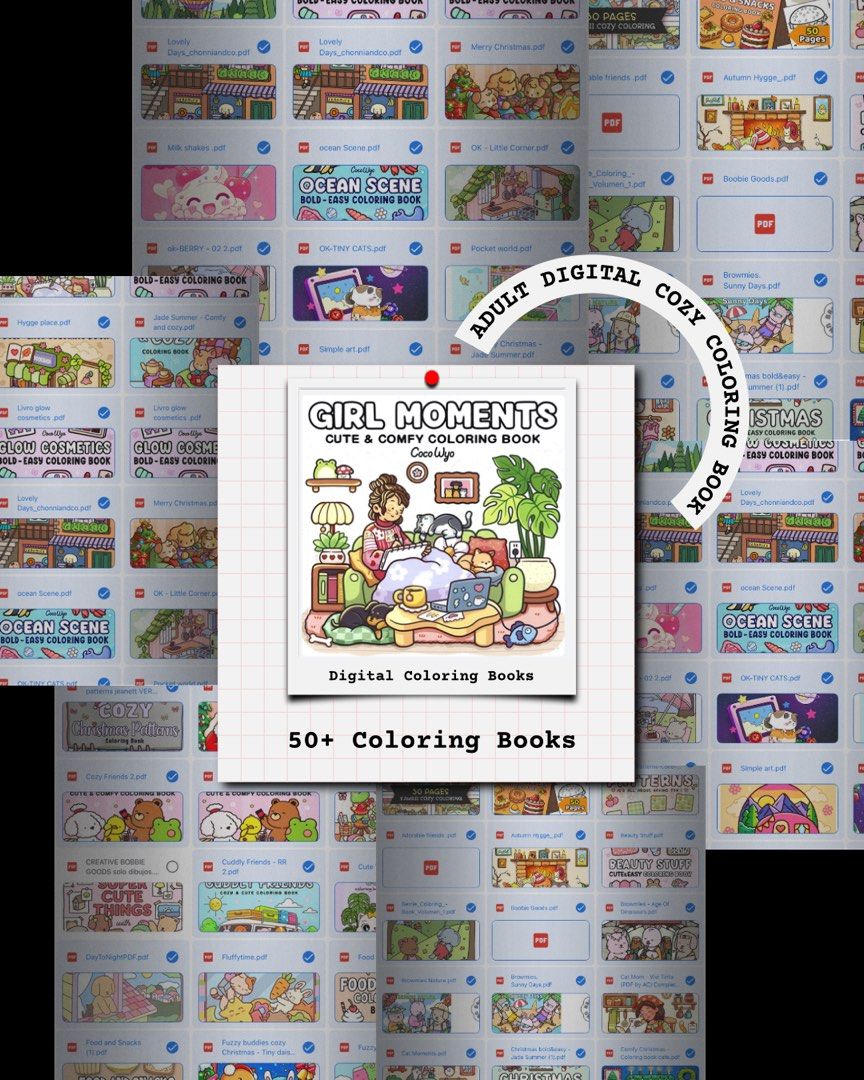 50+ BUNDLE Adult Digital Coloring Books (Category: Art & Prints) located in Santiago. Submitted by trishaalii (Listing ID 1443769893, Image 1). Description: (NOTE: THIS IS A DIGITAL PRODUCT!) - Over 50 digital coloring books in one collection! - Features 'Girl Moments: Cute & Comfy Coloring Book' by Cocolilyo. - Includes other popular themes like 'Ocean Scene' and 'Glow Cosmetics'. - Designed for adults seeking fun and relaxation. - Instant downl