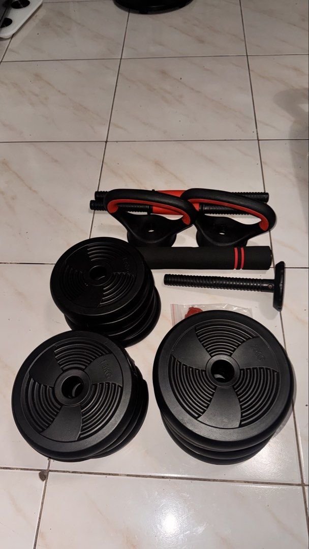 6-in-1 Adjustable Dumbbell Set 20KG (Category: Weights & Dumbbells) located in Makati City. Submitted by athenapaz (Listing ID 1443739327, Image 2). Description: - 20KG total weight adjustable dumbbell set - Versatile 6-in-1 design: dumbbells, kettlebells, and more! - Includes: 4x 1.25kg, 4x 1.5kg, 4x 2kg weight plates - Comes with: 40cm connector rod, 2 dumbbell handles, 2 kettlebell handles, 1 kettlebell base, 4 collar nuts - Ideal for effectiv