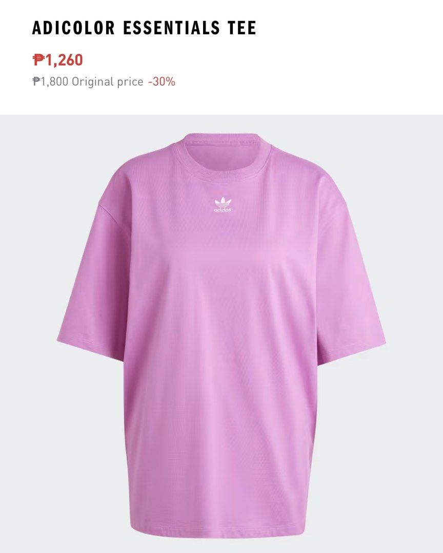 Adidas Adicolor Essentials Tee Purple (Category: Shirts) located in Quezon City. Submitted by prjctdeclutter (Listing ID 1443835858, Image 2). Description: Item Description: * Bought in store for Php 1260 * Still with tags * RFS: Impulse buy MOP: Gcash Delivery: Pick up in QC (fee to be shouldered by buyer).