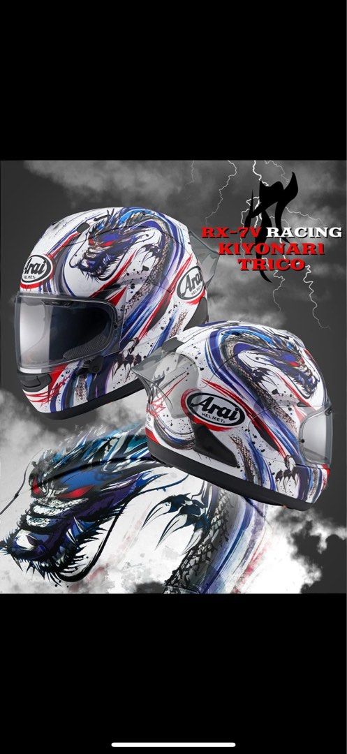 Arai RX-7 Racing Kiyonari Trico Helmet “S” (Category: Motorcycle Apparel) located in Singapore. Submitted by kkl9696 (Listing ID 1443892941, Image 1). Description: Selling Above stated helmet. Used once for a ride to KL and back. Helmet is basically new. No scratches at all. Comes original and two light tinted visors. .