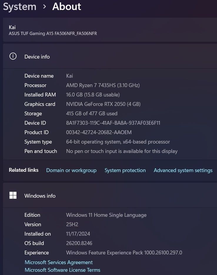 ASUS TUF Gaming A15 (Category: Laptops & Notebooks) located in Manila. Submitted by serkai (Listing ID 1443807842, Image 3). Description: ASUS TUF Gaming A15 (Slightly Used) Slightly negotiable for fast transacting buyers. Can provide more photos/videos REASON FOR SELLING: • Planning to upgrade to a work laptop. SPECIFICATIONS: • Processor: AMD Ryzen 7 7435HS (3.10 GHz) • RAM: 16 GB DDR5 (Upgraded, smooth multitasking) • Storage: 512 GB NVMe SSD 