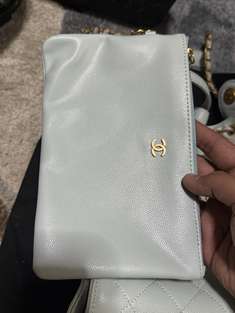 Authentic Chanel 25 rare light blue color caviar (Category: Luxury Bags & Wallets) located in Pasig City. Submitted by balenciaga.couture (Listing ID 1443755113, Image 2). Description: with dustbag microchipped with some signs of usage hence the low price.
