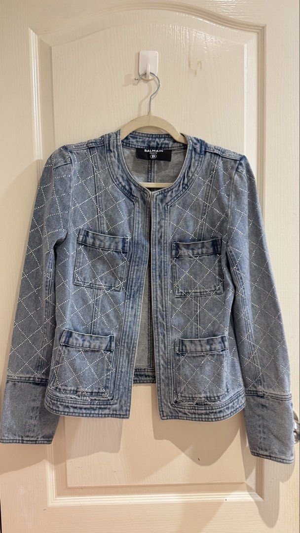 Balmain Crystal-Embellished Denim Jacket Blue (Category: Coats, Jackets and Outerwear) located in Quezon City. Submitted by baddiez_closett101 (Listing ID 1443826910, Image 2). Description: Super nice!! Selling super low since this was given to me as a gift so kindly self-authenticate ☺️ has some missing stones but not noticeable overall :).