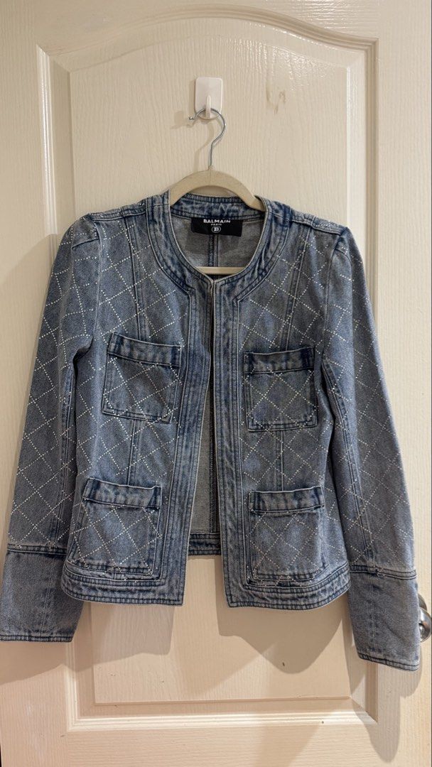 Balmain Crystal-Embellished Denim Jacket Blue (Category: Coats, Jackets and Outerwear) located in Quezon City. Submitted by baddiez_closett101 (Listing ID 1443826910, Image 3). Description: Super nice!! Selling super low since this was given to me as a gift so kindly self-authenticate ☺️ has some missing stones but not noticeable overall :).