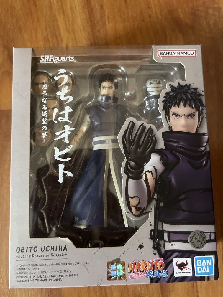 Bandai SHFiguarts Naruto Itachi Uchiha & Obito Uchiha Figures (Category: Toy Figures) located in Singapore. Submitted by eggy6688 (Listing ID 1443717339, Image 2). Description: - Selling 2 SHFiguarts Naruto figures - Figure 1: Itachi Uchiha (Naruto 99 Edition)-$110(sold) - Figure 2: Obito Uchiha (Hollow Dreams of Despair)-(chain broken)-$160 - Authentic Bandai Namco collectibles - like new, sealed in original packaging - Ideal for any Naruto fan'