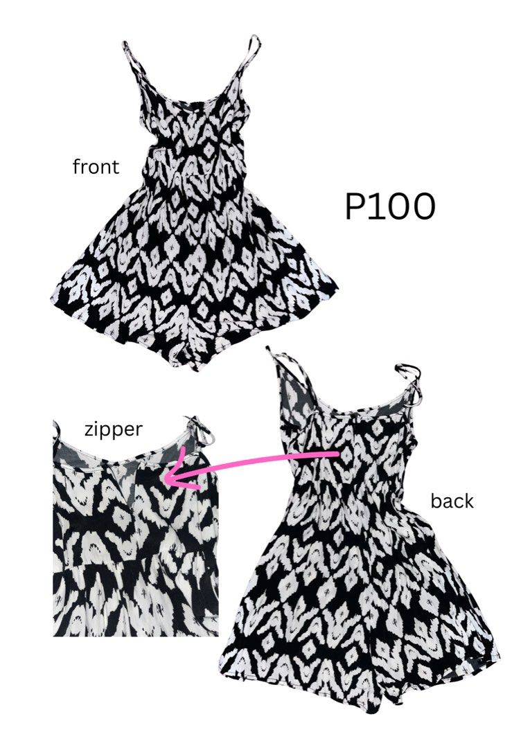 Black and White Patterned Romper with Zipper (Category: Rompers) located in Manila. Submitted by declutter0_0 (Listing ID 1443779404, Image 1). Description: - Adorable black and white patterned romper - Features delicate spaghetti straps with tie details on the shoulders - Elasticated waist for a comfortable and flattering fit - Convenient zipper closure at the back - Ideal for stylish casual outings.