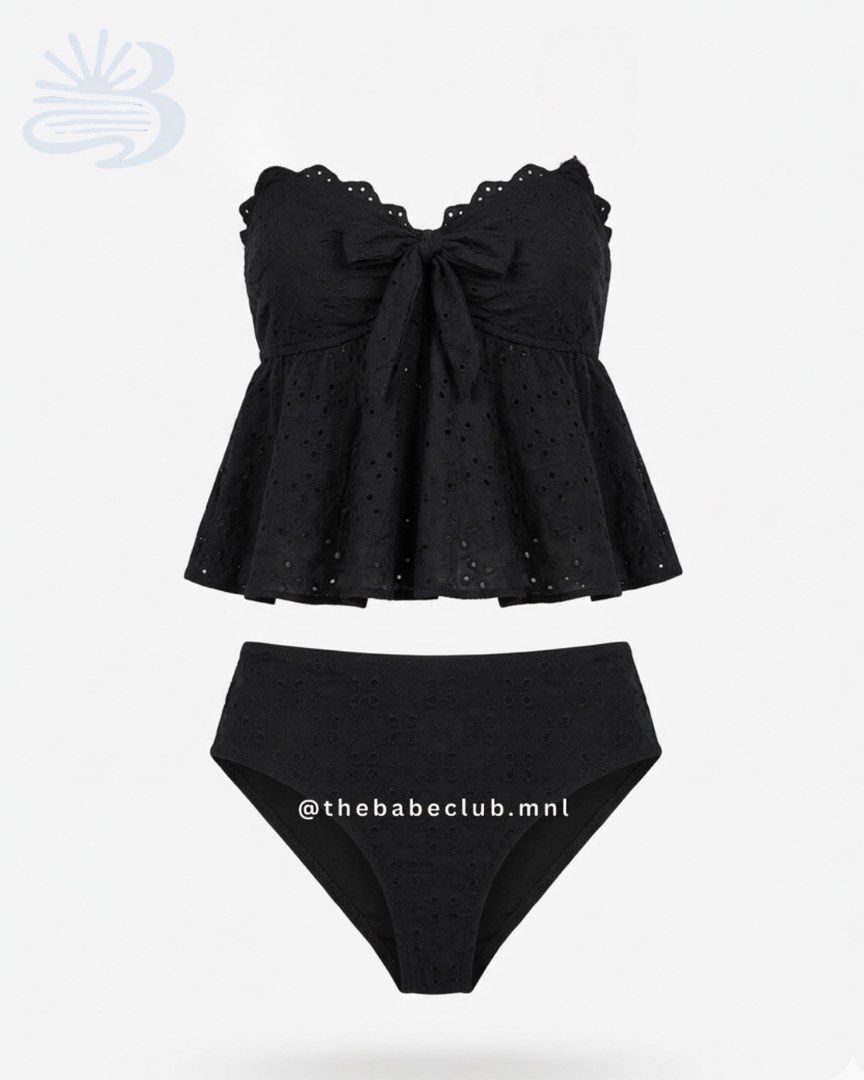Black Eyelet Bandeau Peplum Bikini Set (Category: Bikinis & Swimsuits) located in Manila. Submitted by beaanikasc15079 (Listing ID 1443852980, Image 1). Description: - Cute black bikini set - Peplum top with tie front and eyelet details - High-waisted bottoms with eyelet fabric - Super chic and flattering design - Ideal for beach or pool days.