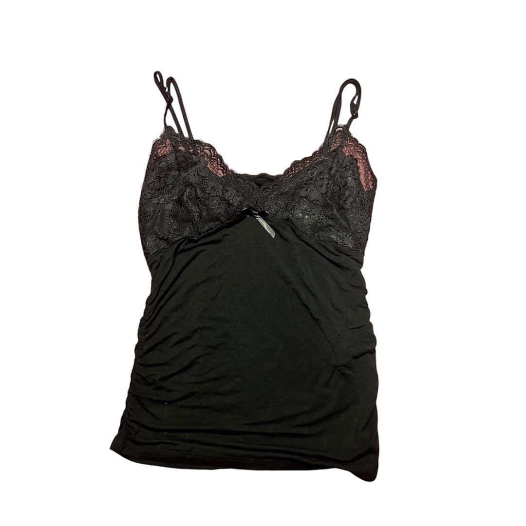 Black Lace Trim Cami Top with Ruched Sides (Category: Sleeveless) located in Santa Cruz. Submitted by k.ryanneee8 (Listing ID 1443740565, Image 1). Description: - Cute black cami top - Lace trim on bust with small bow detail - Ruched sides for a flattering fit - Adjustable spaghetti straps - Perfect for layering or wearing solo.