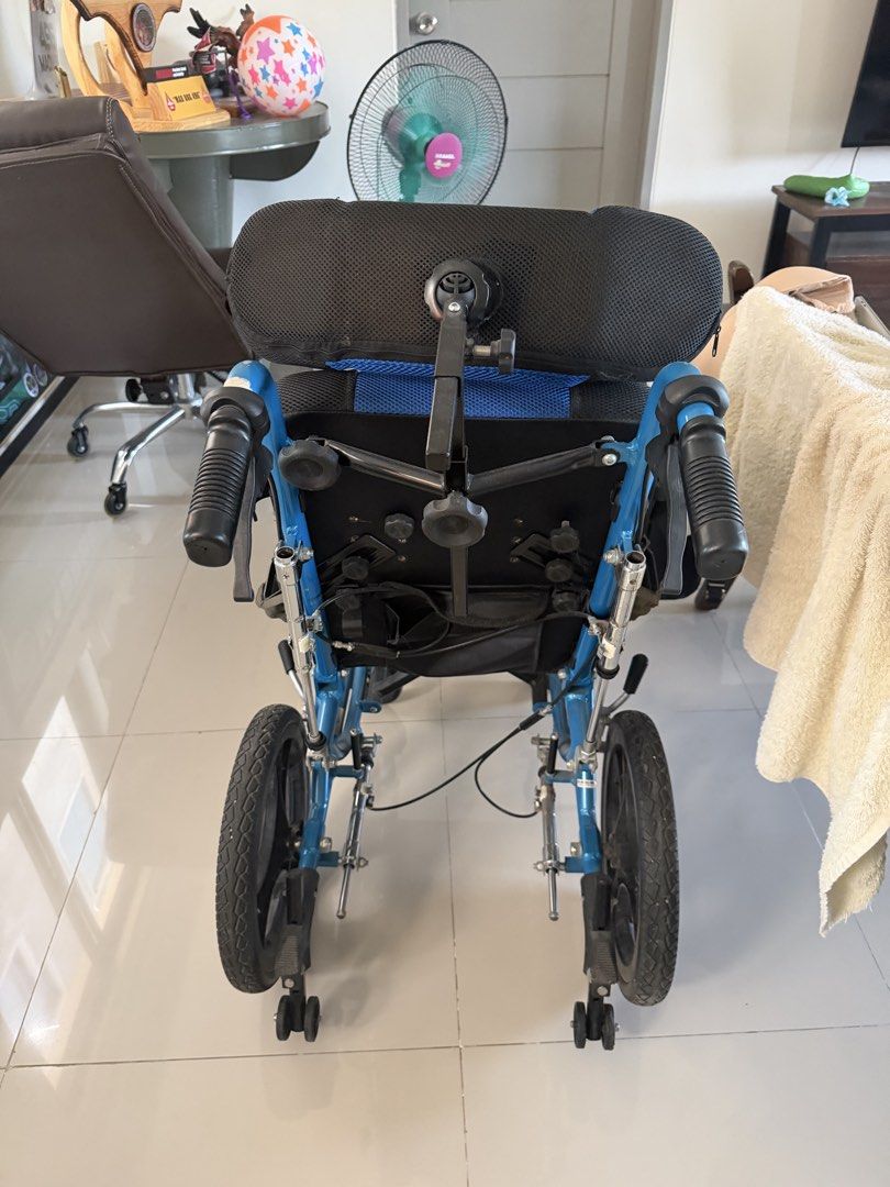Blue and Black Adaptive Wheelchair with Headrest (Category: Wheelchairs) located in Manila. Submitted by eksenadora (Listing ID 1443905196, Image 3). Description: - Adaptive pediatric wheelchair in blue and black - Includes headrest for extra support - Padded armrests and seat for comfort - Sturdy and reliable frame - Ready for its new home! Location: Basa Air Base, Pampanga Price: 2,0000 Wheelchair for Teens MOP: Gcash Delivery: Pick-up.