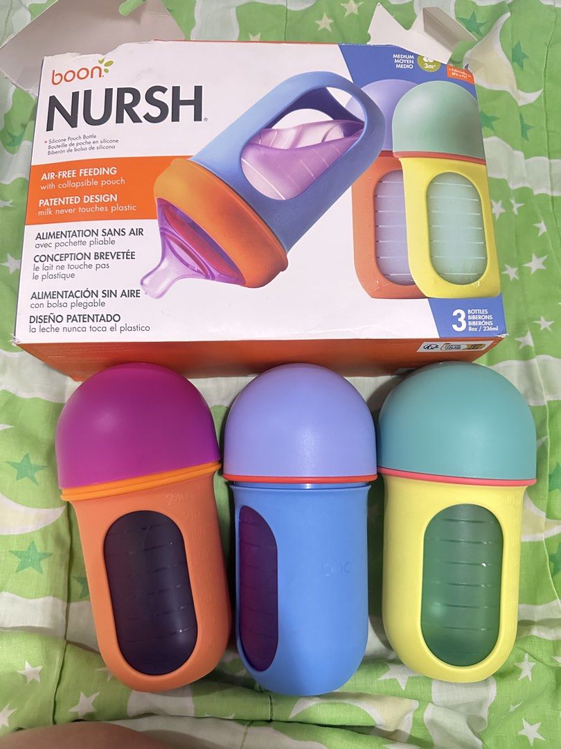 Boon Nursh Feeding Bottle (Category: Breastfeeding & Bottle Feeding) located in Mandaluyong City. Submitted by bookworm1111 (Listing ID 1443772023, Image 1). Description: Used the Green bottle once the rest has never been used. Comes with the original box (sira na yung top ng box).