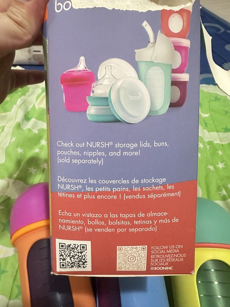 Boon Nursh Feeding Bottle (Category: Breastfeeding & Bottle Feeding) located in Mandaluyong City. Submitted by bookworm1111 (Listing ID 1443772023, Image 2). Description: Used the Green bottle once the rest has never been used. Comes with the original box (sira na yung top ng box).