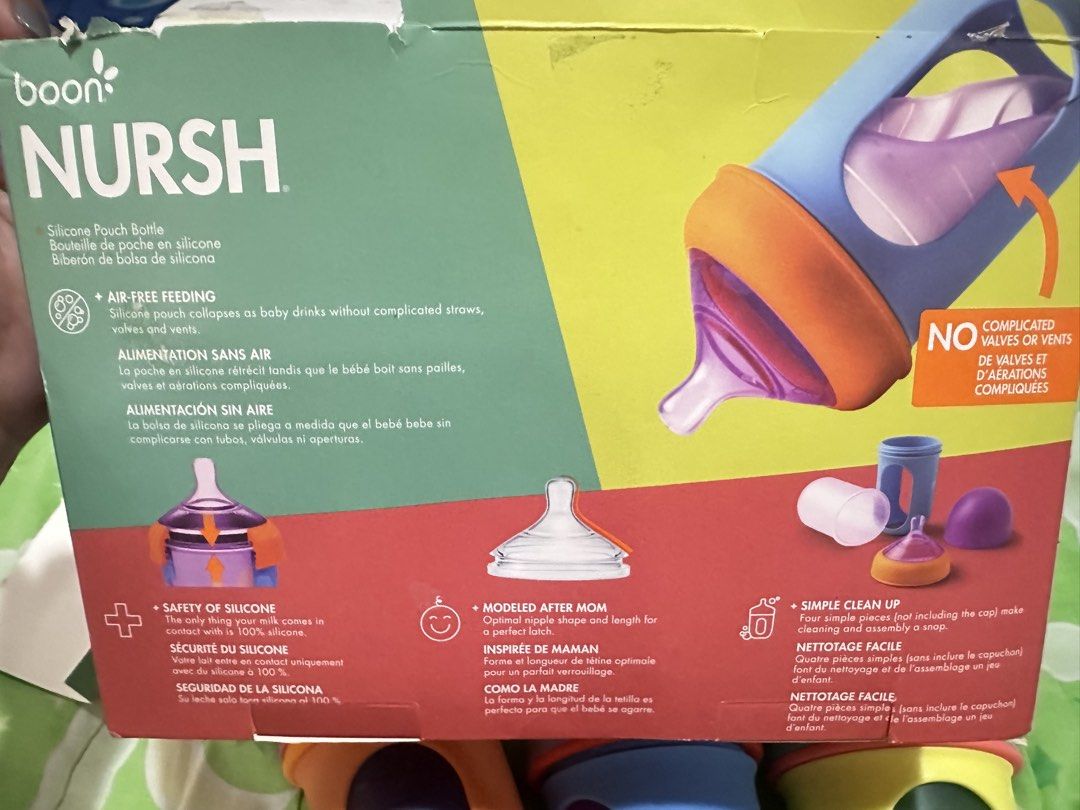 Boon Nursh Feeding Bottle (Category: Breastfeeding & Bottle Feeding) located in Mandaluyong City. Submitted by bookworm1111 (Listing ID 1443772023, Image 3). Description: Used the Green bottle once the rest has never been used. Comes with the original box (sira na yung top ng box).