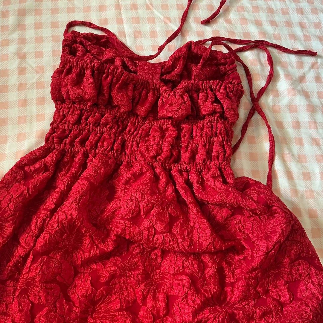 Bow Smocked Red Dress (Category: Dresses) located in Manila. Submitted by secondestyle (Listing ID 1443823254, Image 2). Description: RFS: fits weird on me, never wore this but has been in my closet for almost three years. ISSUE: threads all over smocked area 📏MEASUREMENT W: 22 to 42" L: 36" Bust: 26" w/ 6" deep pockets.