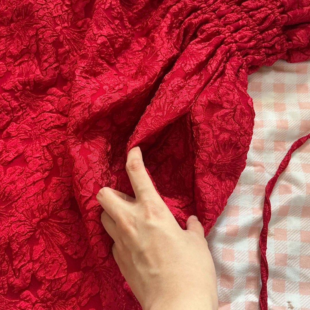 Bow Smocked Red Dress (Category: Dresses) located in Manila. Submitted by secondestyle (Listing ID 1443823254, Image 3). Description: RFS: fits weird on me, never wore this but has been in my closet for almost three years. ISSUE: threads all over smocked area 📏MEASUREMENT W: 22 to 42" L: 36" Bust: 26" w/ 6" deep pockets.