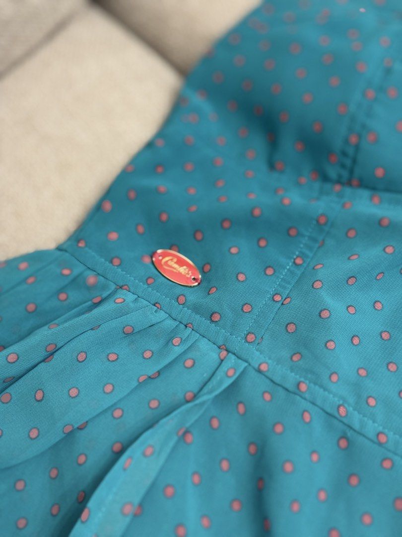 Candie's Dress (Size Small) (Category: Dresses) located in Manila. Submitted by calmgem24 (Listing ID 1443872318, Image 3). Description: - Teal Polka Dot Sweetheart Bustier Dress - with pink polka dots - bustier top with a smocked back - Flattering high-low hemline - Adjustable spaghetti straps - FREE: 2pcs hanger.