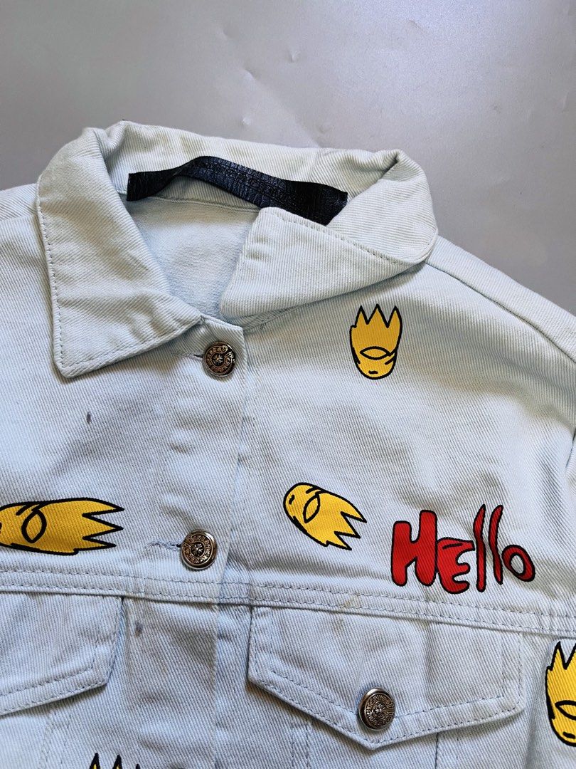 Chrome hearts Hand-Painted Denim Jacket with Cartoon Graphics (Category: Coats, Jackets and Outerwear) located in Quezon City. Submitted by reluxefinds2025 (Listing ID 1443816514, Image 3). Description: - Light wash denim jacket - Unique hand-painted graphics with cartoon characters - Features text like '' and 'SEX' - Long sleeves - Button-up front - Perfect statement piece for an edgy look - One-of-a-kind design.