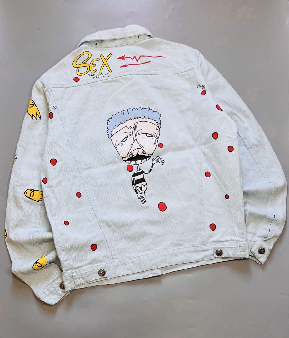 Chrome hearts Hand-Painted Denim Jacket with Cartoon Graphics (Category: Coats, Jackets and Outerwear) located in Quezon City. Submitted by reluxefinds2025 (Listing ID 1443816514, Image 2). Description: - Light wash denim jacket - Unique hand-painted graphics with cartoon characters - Features text like '' and 'SEX' - Long sleeves - Button-up front - Perfect statement piece for an edgy look - One-of-a-kind design.