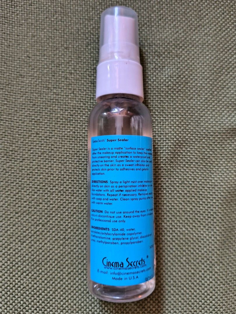 Cinema Secrets Super Sealer Spray 2 fl oz - 65% full (Category: Everything Else Others) located in Quezon City. Submitted by drkco (Listing ID 1443812374, Image 2). Description: CINEMA SECRETS Super Sealer Spray size: 2 fl. oz. (58 ml) 65% full.