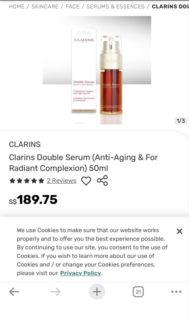 Clarins Double Serum (Anti-Aging & Radiant Complexion) 50ml (Category: Face Care) located in Singapore. Submitted by 2310198652-xg (Listing ID 1443720333, Image 1). Description: - Clarins Double Serum - 50ml size - Targets anti-aging and radiant complexion - Features a hydric + lipidic system - Made in France - Perfect addition to your skincare routine - Brand new box - authentic .