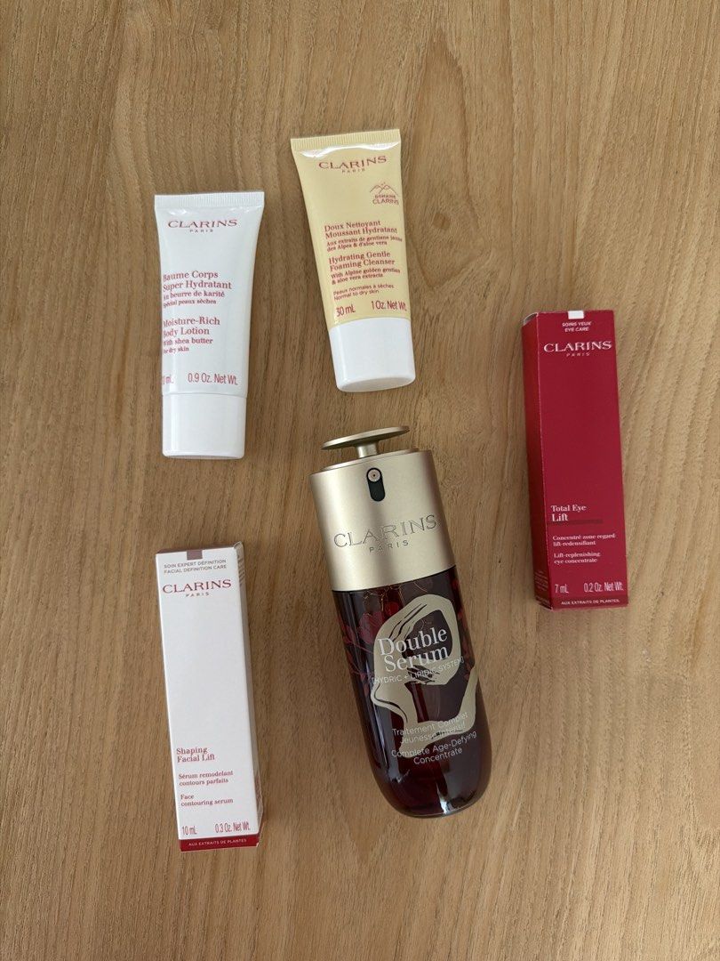 Clarins Double Serum Limited Edition Set with Complimentary Gifts (Category: Face Care) located in Singapore. Submitted by tropics. (Listing ID 1443727077, Image 2). Description: Limited edition Clarins Double Serum set ⭐️ full-size Double Serum Travel size: Hydrating Cleanser Moisture-Rich Body Lotion Total Eye Lift V-Shaping Facial Lift.
