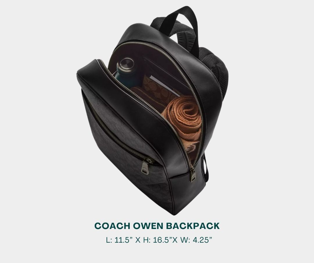 COACH Backpack for Men (Category: Backpacks) located in Manila. Submitted by moncaro.outlet (Listing ID 1443779714, Image 3). Description: COACH Outlet Owen Backpack - For Office or Formal Wear 💼 - In Signature Canvas (Pebble Black) - Size: L: 11.5” x H: 16.5”x W: 4.25” - Inclusions: Coach Paper Bag + Dust Bag - Lowest Price Guaranteed 💯 - From DTI Registered Supplier 🫡 - For MEETUP / PICKUP / DELIVERY ✅ FB Page: Moncaro Outlet IG Page: @monca