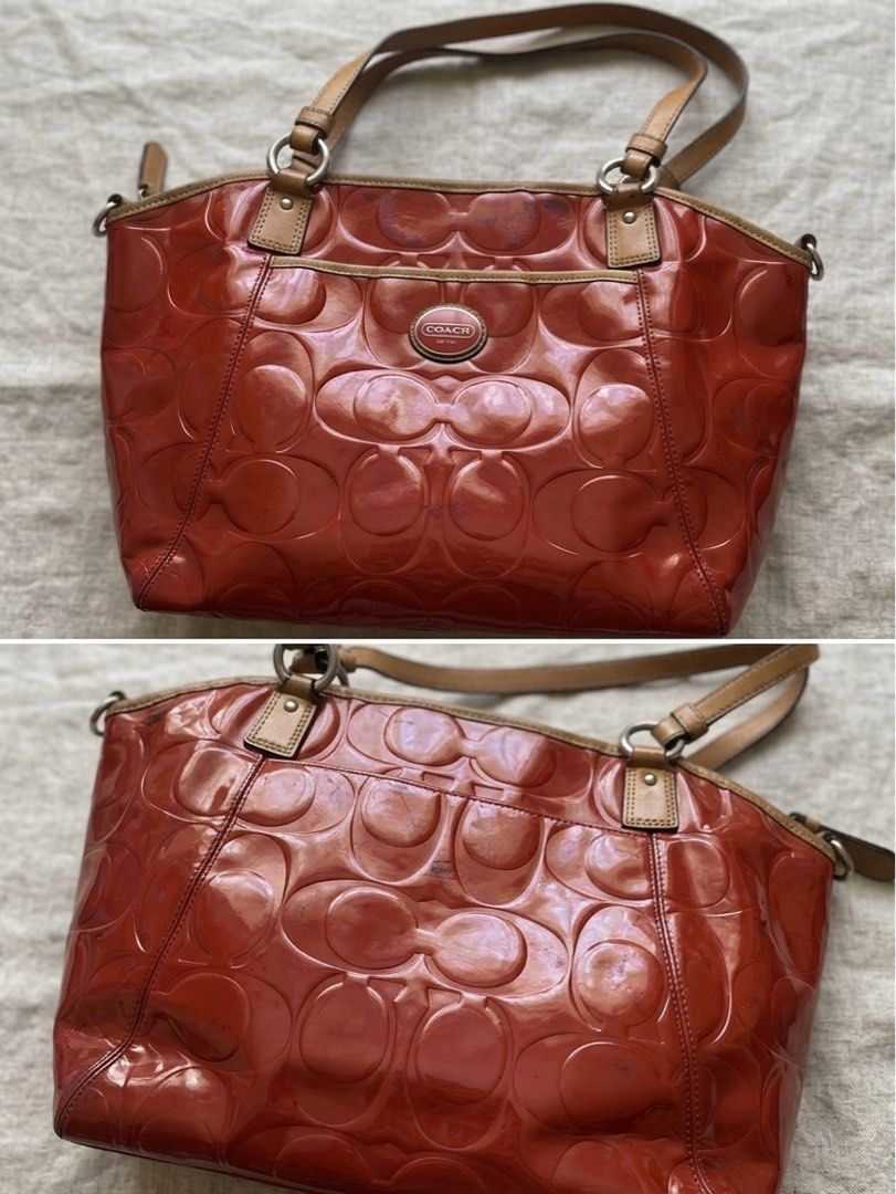Coach Red Patent Leather Tote Bag (Category: Luxury Bags & Wallets) located in Santa Rosa. Submitted by mo0chimi (Listing ID 1443799053, Image 1). Description: - Red Coach patent leather tote bag - Dark Red & Black Color Transfers in the leather body, other than that no flaws. - Coded Creed, YKK Zip.