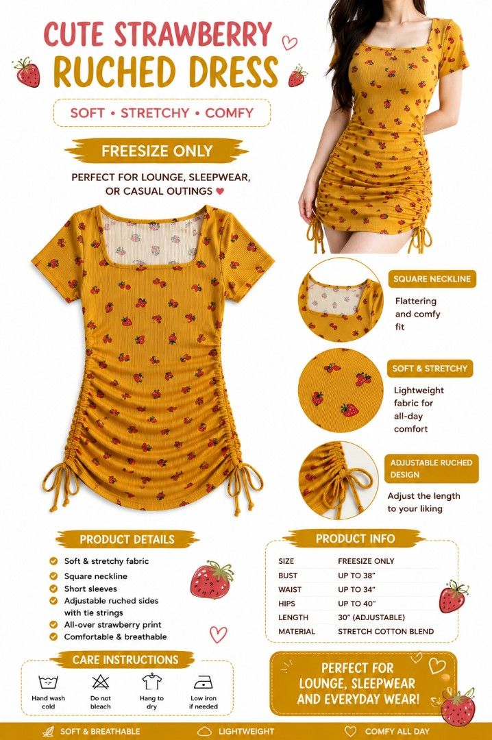 Cute Strawberry Ruched Dress - Freesize (Category: Dresses) located in Cainta. Submitted by ennarrivera. (Listing ID 1443860653, Image 1). Description: - Adorable mustard yellow dress with a fun strawberry print. - Freesize fit, suitable for various body types. - Made from a soft and stretchy cotton blend fabric for ultimate comfort. - Features a stylish square neckline and short sleeves. - Adjustable ruched sides with tie strings for a customiza