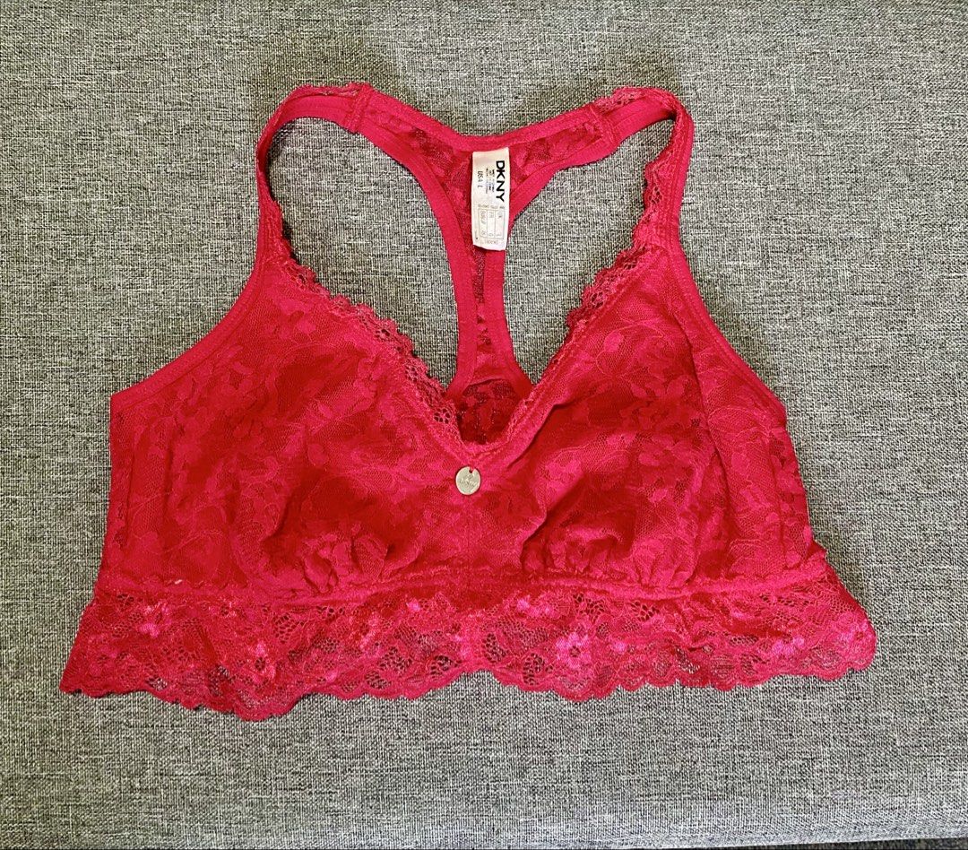 DKNY Red Lace Racerback Bralette Size L (Category: Sleeveless) located in Manila. Submitted by andee. (Listing ID 1443745438, Image 1). Description: - Brand: DKNY - Color: Red - Style: Bralette - Material: Lace all over - Details: Scalloped hem, racerback, small metal DKNY charm in front - Size: L - Usage: Great for layering or lounging.
