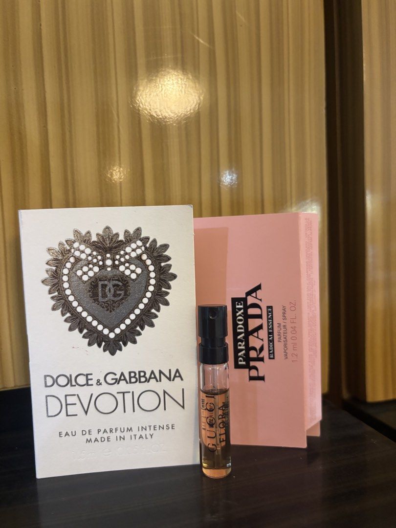 Dolce & Gabbana Devotion, Prada Paradoxe, Gucci Flora Perfume Samples (Category: Fragrance & Deodorants) located in Taguig. Submitted by ikigai_vintageph (Listing ID 1443814088, Image 1). Description: - Dolce & Gabbana Devotion Eau de Parfum Intense Bnew - Prada Paradoxe Radical Essence Bnew - Gucci Flora Used P180 each.
