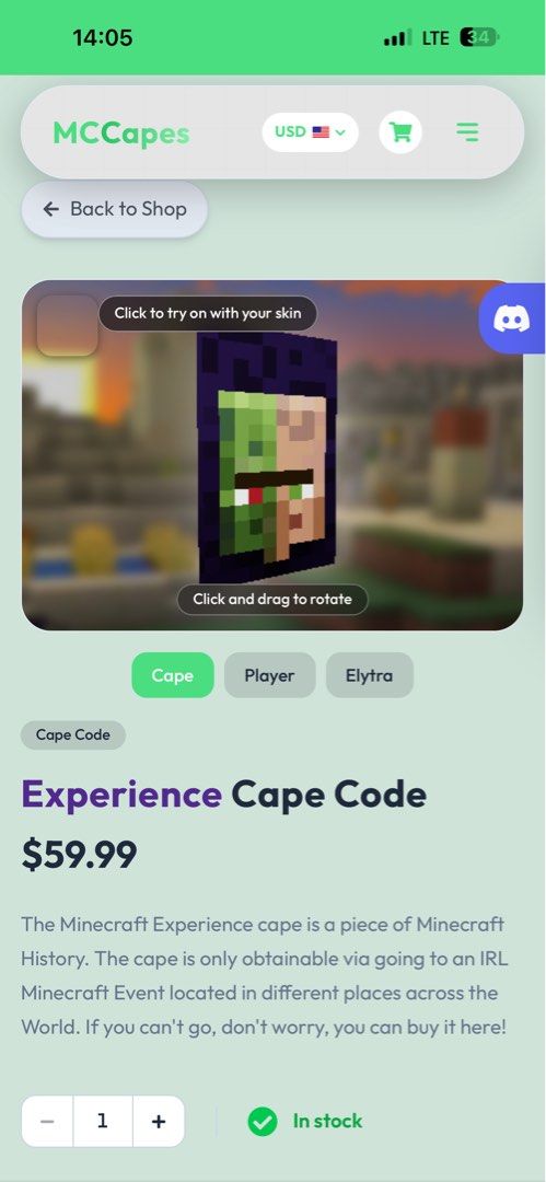 Experience Cape Code for Minecraft (Category: In-Game Products) located in Singapore. Submitted by halo_73 (Listing ID 1443757883, Image 1). Description: - Rare Minecraft Experience Cape - Unique in-game cosmetic item - Typically only obtainable at IRL Minecraft Events - Negotiable price - 2 in stock - Market price is 60 USD.