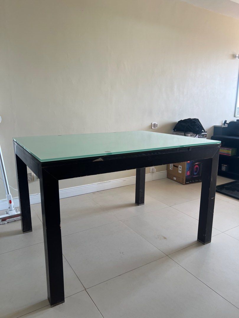 Extendable Glass Top Dining Table (Category: Tables & Sets) located in Quezon City. Submitted by ashleywhooo (Listing ID 1443806233, Image 1). Description: LWH 120 x 90 x 75 Extenders 22cm on both sides Pick Up only .