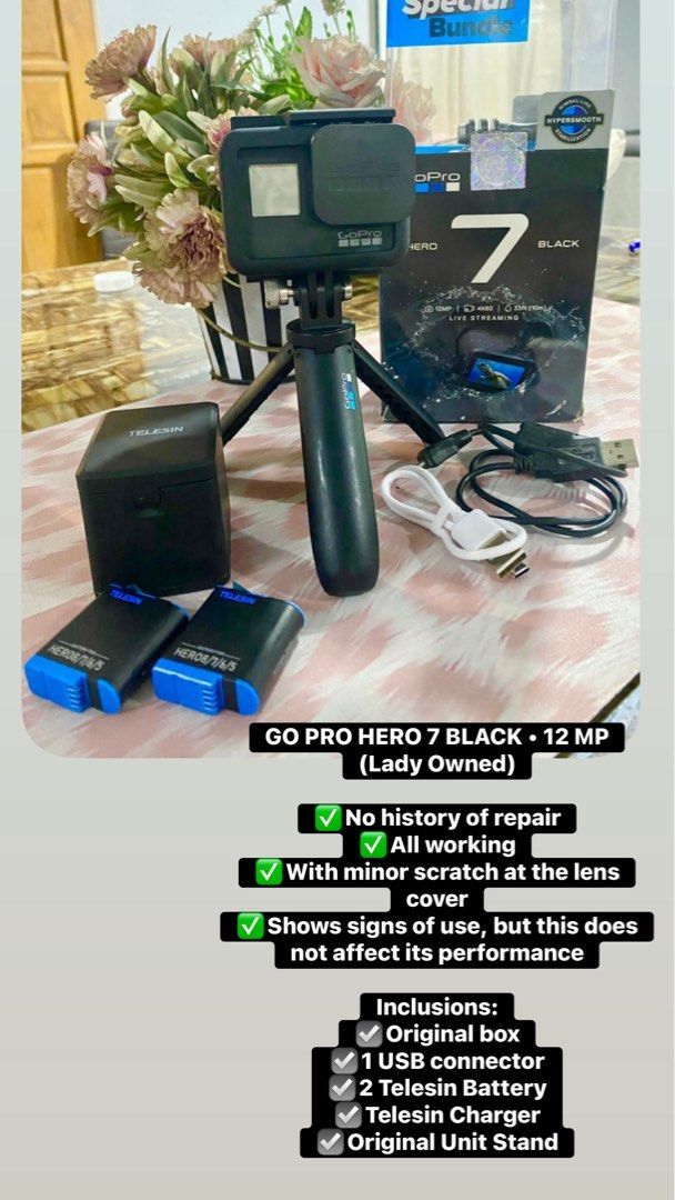 GoPro HERO 7 Black 12MP Action Camera (Category: Cameras) located in Muntinlupa City. Submitted by trendeemoodshop2022 (Listing ID 1443719721, Image 1). Description: - Lady-owned GoPro HERO 7 Black - All functions working, no repair history - Minor scratch on lens cover (performance unaffected) - Includes original box, USB connector - 2 Telesin batteries and Telesin charger - Original unit stand RUSH!!! RUSH!!! RUSH!!!.