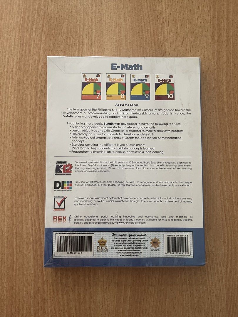 (Grade 9 Math) E-Math: Worktext in Mathematics (Category: Textbooks) located in Manila. Submitted by TCC.ETC (Listing ID 1443824090, Image 2). Description: Preloved Grade 9 Textbook RFS: Textbooks were stored in the locker and were not used throughout the school year [GENERAL DESCRIPTION] TITLE: E-Math: Worktext in Mathematics GRADE LEVEL: 9 AUTHOR/S: Orlando A. Oronce, Marilyn O. Mendoza PUBLISHER: Rex EDITION: Revised Edition [OTHER NOTES] + K-