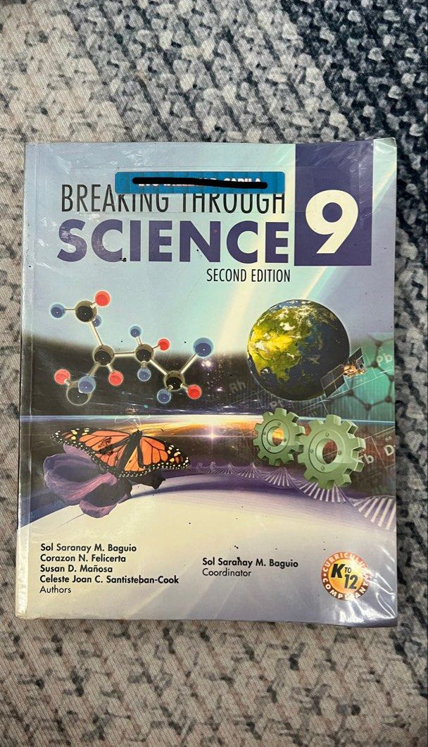 Grade 9 Textbooks: Science, Literature, Grammar, Math (Category: Textbooks) located in Calamba. Submitted by weedeclutters (Listing ID 1443762946, Image 1). Description: Selling Grade 9 textbooks. Includes Breaking Through Science, English in Perspective Anglo-American Literature, Bulwagan ng Kamalayan sa Gramatika at Panitikan, and Math Aces. All are second editions. Great for students..