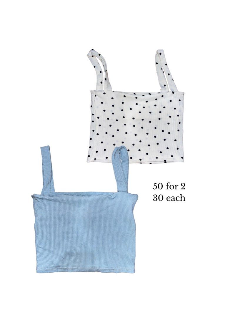 Halter Tops & Square Neck Tops Bundle Deals (Category: Others Tops) located in Manila. Submitted by declutter0_0 (Listing ID 1443782564, Image 3). Description: - Bundle of cute tops perfect for mixing and matching! - Includes 5 tops with different necklines: - 2 Halter Neck Tops (Pink, Grey) - 3 Square Neck Tops (Black, White, Brown) - Also includes 2 Cropped Tops: - 1 Polka Dot Cropped Top - 1 Striped Cropped Top - Great for creating versatile o
