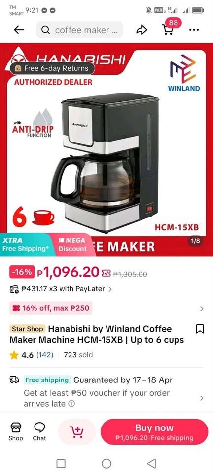 Hanabishi Coffee Maker HCM-15XB (4–6 cups) (Category: Coffee & Tea Tableware) located in Cavite. Submitted by angel.outfit (Listing ID 1443833474, Image 1). Description: Hanabishi Coffee Maker HCM-15XB (4–6 cups) Brand new SRP ₱1,096 Selling for ₱900 only.