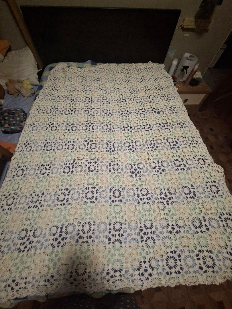 Handmade Crochet Blanket - Blue, Green, White (Category: Bedding & Towels) located in Paranaque City. Submitted by tsentiatsen (Listing ID 1443795584, Image 1). Description: - Beautiful handmade crochet blanket - Features a lovely geometric pattern - Colors: Blue, green, and white squares - Adds a cozy touch to your sofa or bed - Perfect for keeping warm on cooler evenings.