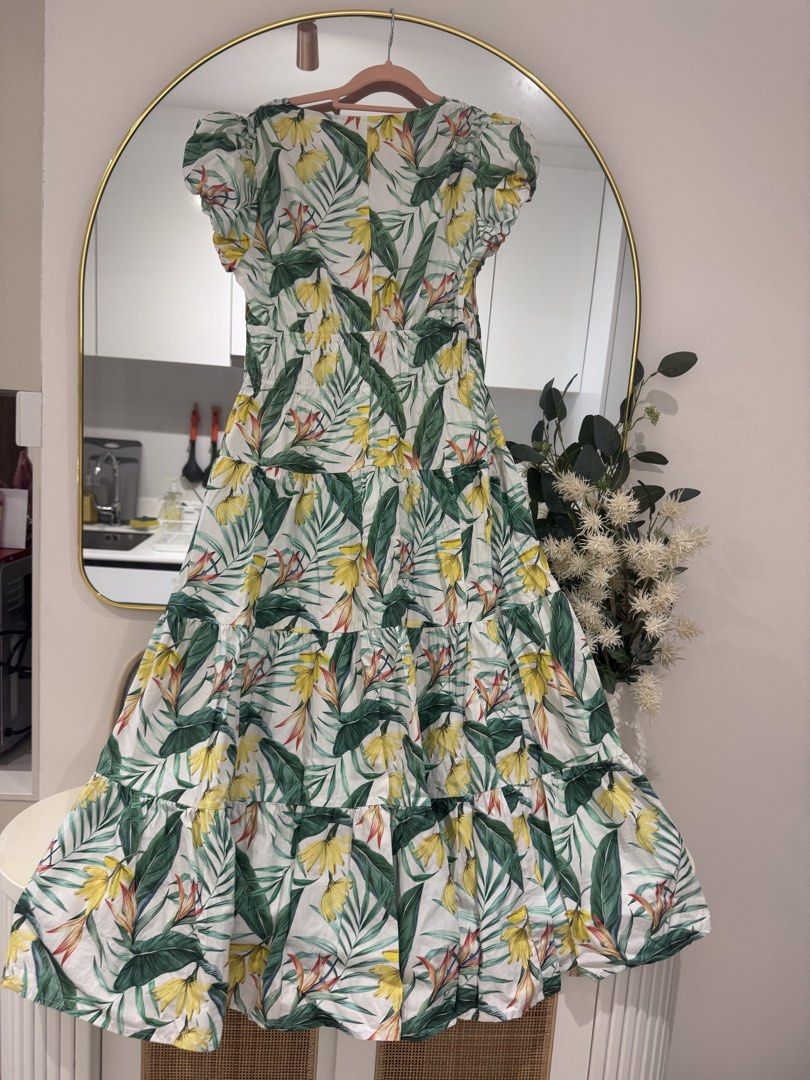 h&m green floral midi dress H&M Pink Green Floral Print Midi Maxi Long Sleeve Chiffon Dress Size L 16 18 20
