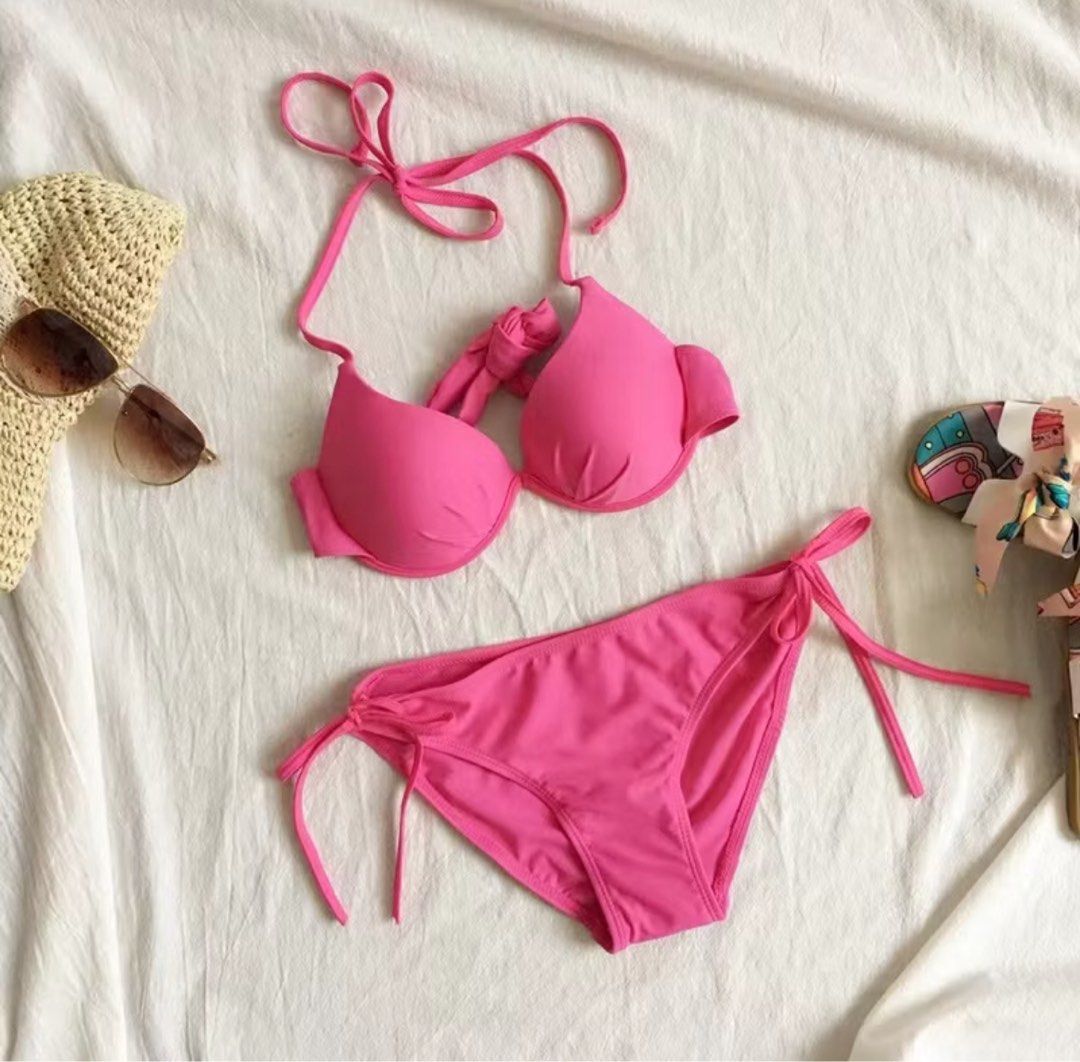 Hot Pink Push-Up Bikini with Tie Sides (Category: Bikinis & Swimsuits) located in Manila. Submitted by declutter0_0 (Listing ID 1443813732, Image 1). Description: - Cute hot pink bikini set - Push-up style top - Bottoms - Ideal for beach or pool .