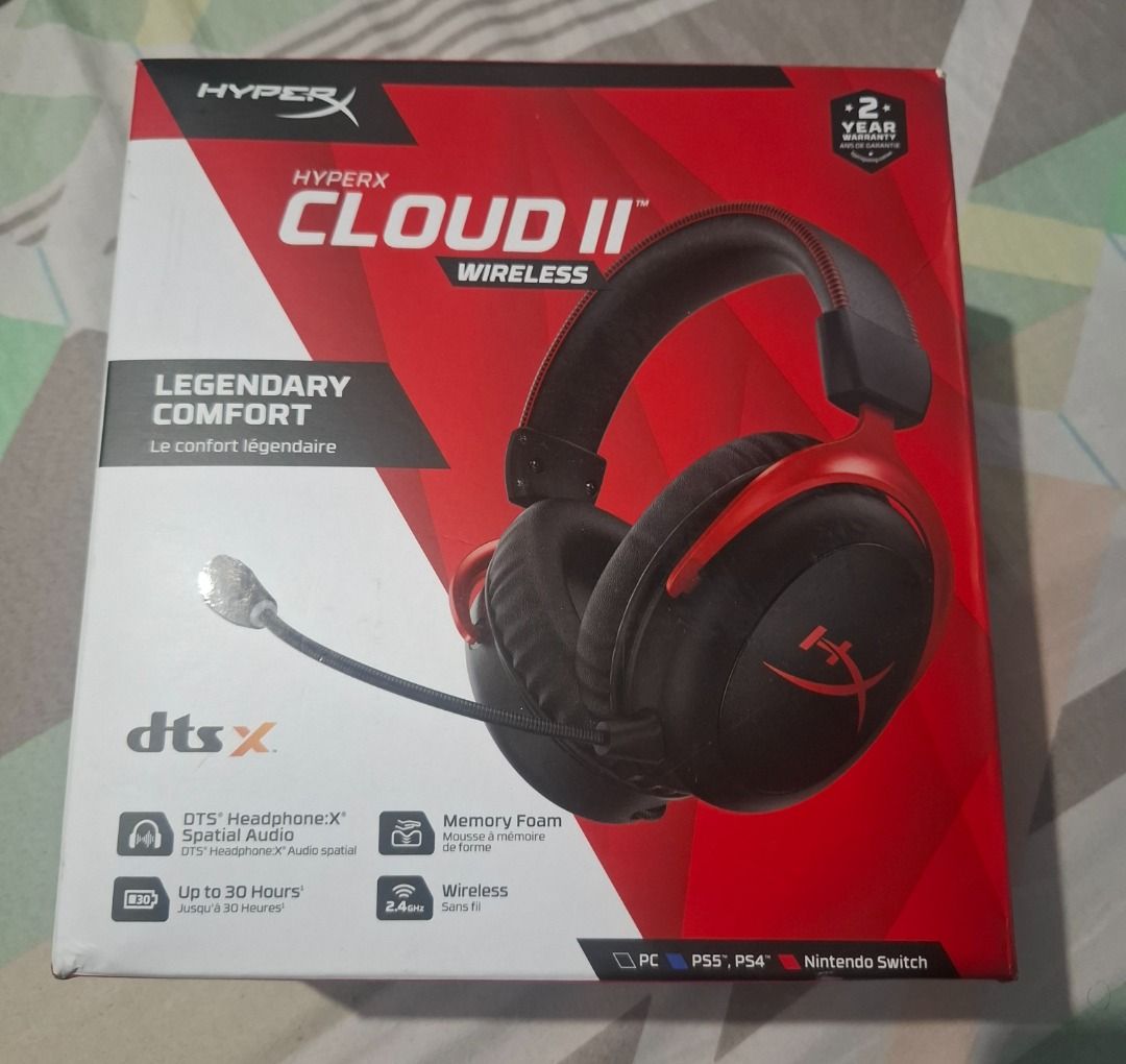 HyperX Cloud II Wireless Gaming Headset (Category: Headphones & Headsets) located in Makati City. Submitted by aileen001 (Listing ID 1443768639, Image 1). Description: - Opened only and never used - Legendary comfort with memory foam earcups - Immersive DTS Headphone:X Spatial Audio - Up to 30 hours of battery life - Reliable 2.4GHz wireless connection - Compatible with PC, PS5, PS4, and Nintendo Switch.