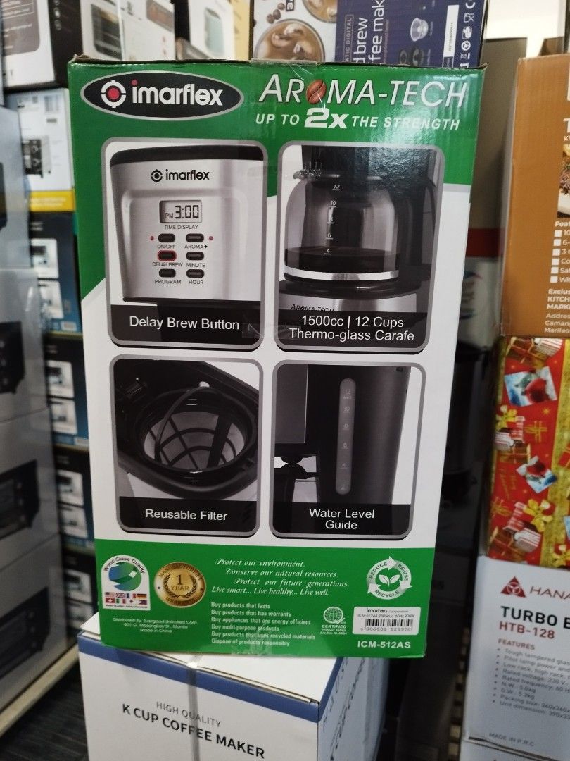 Imarflex coffee maker aroma tech icm 512AS (Category: Coffee Machines & Makers) located in Makati City. Submitted by melissa12345 (Listing ID 1443720703, Image 2). Description: Brandnew item sealed item 👉Read me 1st 📍Brand new 💯 📍Items on hand ❌ No COD 🏦 MOP bpi/bdo/GCash/maya 📍No return no exchange 📍Payment 1st before delivery 💰Cashless transaction at this moment. ,.
