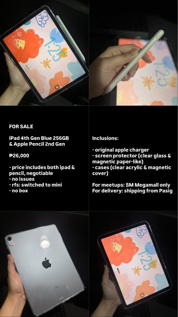 iPad 4th Gen & Apple Pencil 2nd Gen (Category: iPad) located in Manila. Submitted by pbgdz (Listing ID 1443804088, Image 1). Description: iPad 4th Gen Blue 256GB & Apple Pencil 2nd Gen - original apple charger - free screen protector - free ipad cases - no box PRICE NEGOTIABLE For meet-up: SM Megamall For delivery: shipping from Pasig City.