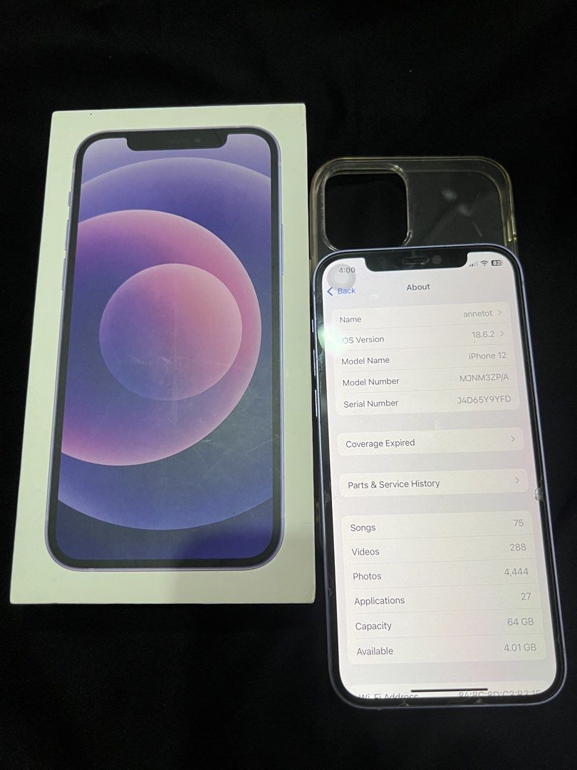 iphone 12 64gb (Category: iPhone 12 Series) located in Manila. Submitted by reynamarilaganne (Listing ID 1443907493, Image 2). Description: iphone 12 purple unit and box only no issue may bago lang ako kaya ko ibebenta fixed price meet up or sf shoulder by the buyer.